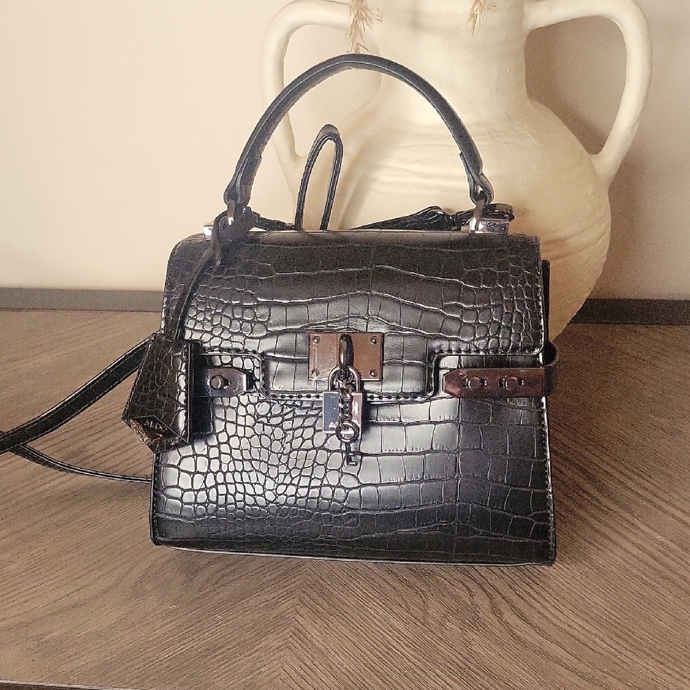 Black Crocodile-Embossed Satchel with Detachable Strap